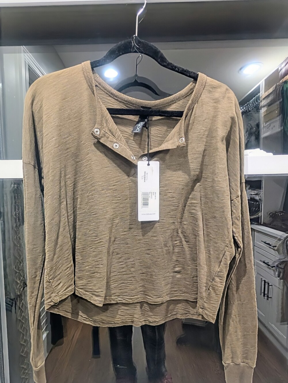 NWT! Bobi Lightweight Olive Green Long-Sleeve Henley Crop Top